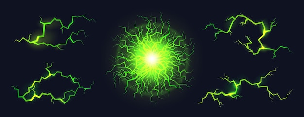 Vector relámpagos verdes resplandecientes tormenta eléctrica potencia trueno relámpago efecto de resplandor círculo mágico energía luz de neón grietas resplandecientes electricista rayo estridente vector ilustración