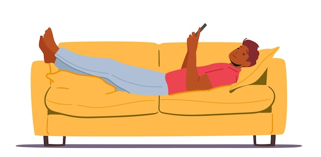 Relax Lazy Time Hombre joven que usa el teléfono acostado en el sofá o en el sofá en casa Relajándose con la persona del teléfono inteligente Perdiendo el tiempo Personaje adulto Charlando con amigos en línea Dibujos animados Gente Vector Ilustración