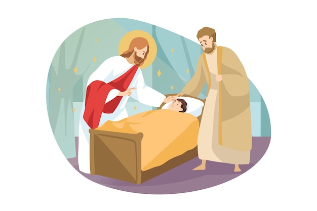 Vector religión, biblia, concepto de cristianismo. jesucristo hijo de dios mesías profeta carácter bíblico hace curación milagrosa de niño enfermo niño niño enfermo al tocar. ilustración de bendición y ayuda divina.