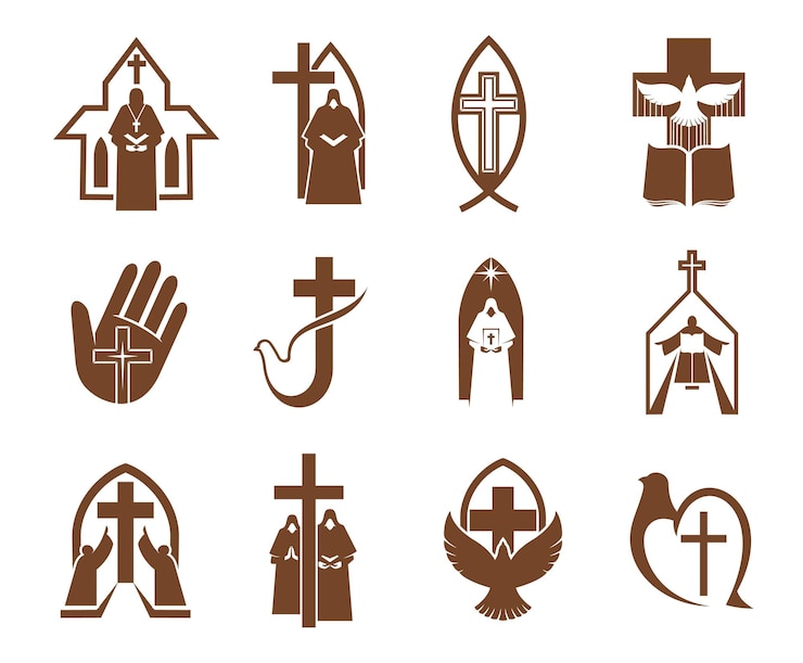 Vector religión cruz jesús dios biblia y paloma iconos