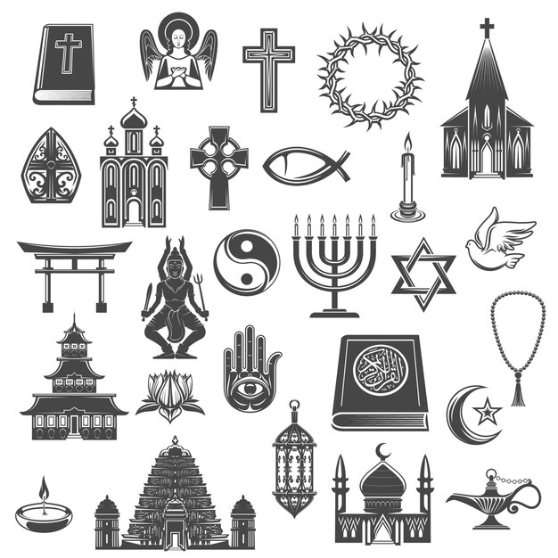 Religiones del mundo símbolos vectoriales y diseños de signos