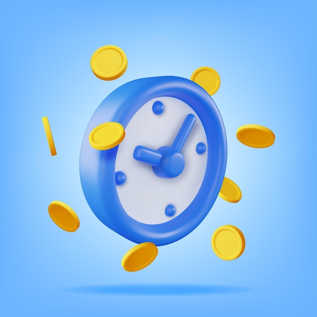 Reloj 3D con monedas de oro en dólares Renderizado aislado El tiempo es dinero Concepto Ingresos anuales Inversión financiera Ahorros Depósito bancario Ingresos futuros Beneficio de dinero Ilustración vectorial