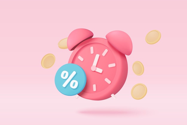 Vector el reloj de alarma 3d está alertando con cion flotando alrededor y etiquetas de promoción para el concepto de dinero con descuento promoción de recordatorio para comprar en línea en fondo rosa ilustración de renderizado de vector de alerta de promoción 3d