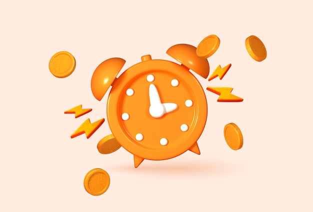 Reloj de alarma 3D con monedas que simbolizan el concepto de que el tiempo es dinero