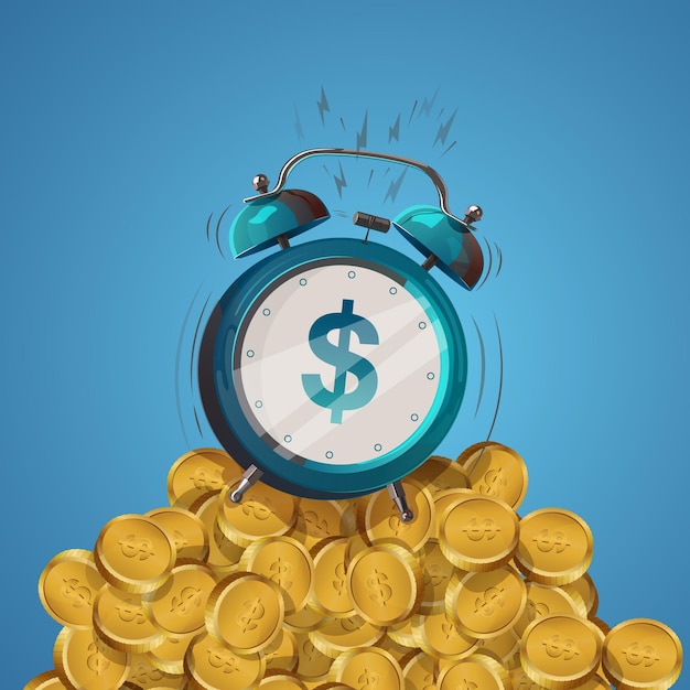 Reloj de alarma de dibujos animados de signo de dólar en una montaña de monedas de oro. Ilustración vectorial.