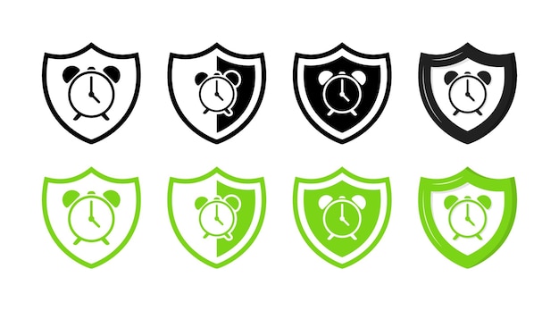 Reloj de alarma en iconos de escudo Protección del tiempo Iconos vectoriales de estilo plano de silueta