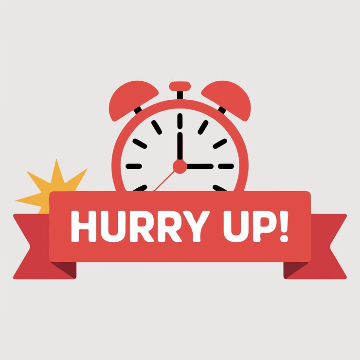Vector reloj de alarma con una pancarta roja que dice apresúrate ya que el tiempo pasa rápidamente