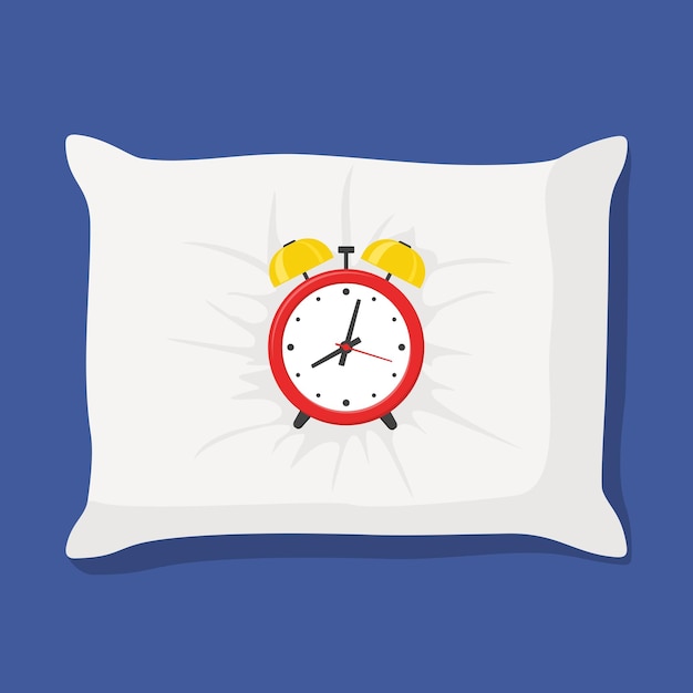 Reloj de alarma rojo en almohada blanca aislado en ilustración vectorial de fondo azul