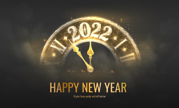 Reloj de año nuevo 2022 en estilo poligonal futurista. Concepto de fondo de Navidad para tarjetas de felicitación o invitaciones. Ilustración de vector para vacaciones de invierno