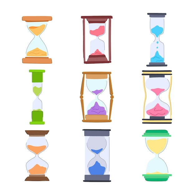 reloj de arena conjunto dibujos animados vidrio hora reloj de arena objeto reloj de arena signo de reloj de arena símbolo aislado ilustración vectorial