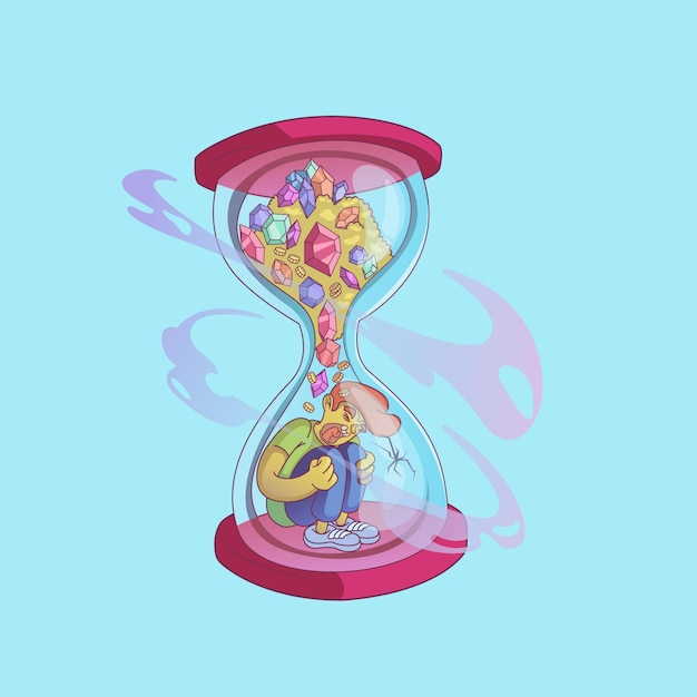 Vector un reloj de arena con la imagen de un corazón y las palabras amor en él.