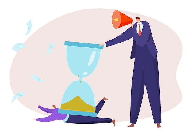 Reloj de arena de negocios con ilustración de vector de fecha límite personaje de jefe plano golpeando la gestión de tiempo de trabajador pequeño con altavoz
