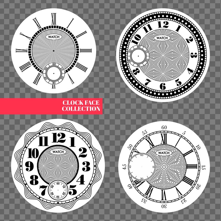Vector reloj en blanco conjunto aislado sobre fondo transparente. diseño de reloj de vector. ilustración de reloj de números romanos vintage. escala redonda de número negro en círculo blanco.