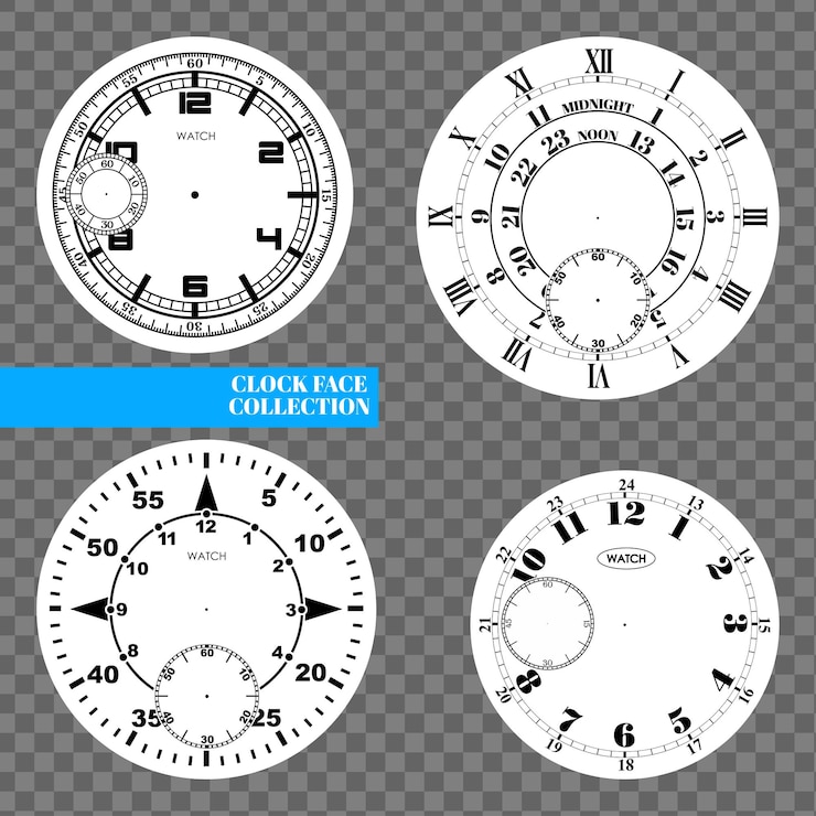 Vector reloj en blanco conjunto aislado sobre fondo transparente. diseño de reloj de vector. ilustración de reloj de números romanos vintage. escala redonda de número negro en círculo blanco.