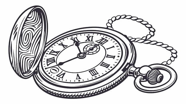 Reloj de bolsillo detallado dibujado a mano con cadena