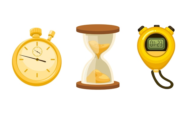 Reloj de bolsillo reloj de arena y cronómetro digital conjunto de colección de dispositivos vector de ilustración