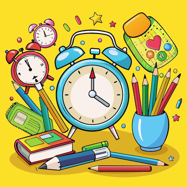 un reloj con una cara azul y lápices en la parte inferior