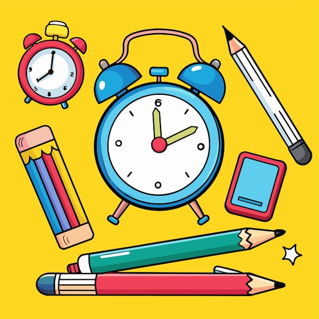 un reloj colorido con una cara azul y lápices en la parte inferior