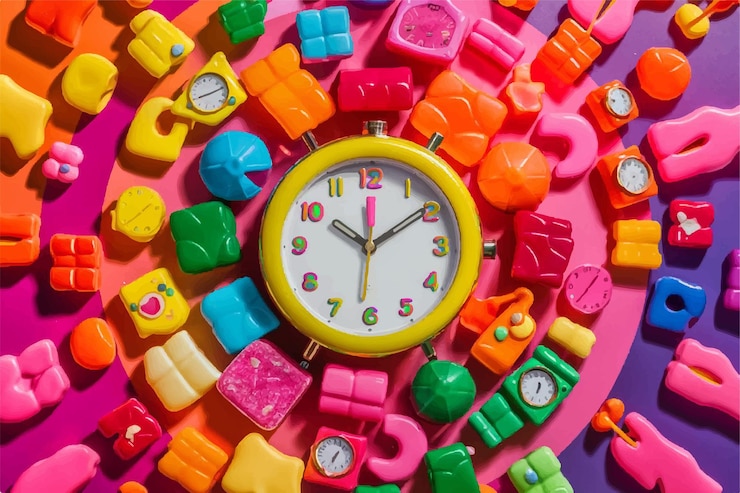 Vector un reloj colorido con el número 6 en él