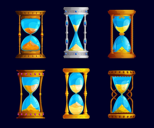 Reloj de cristal de arena mágico Reloj de arena aislado Reloj de arena Vector de dibujos animados relojes de oro vintage activo de juego equipo antiguo para medir el tiempo Cronómetro contando minutos fantasía u objetos históricos