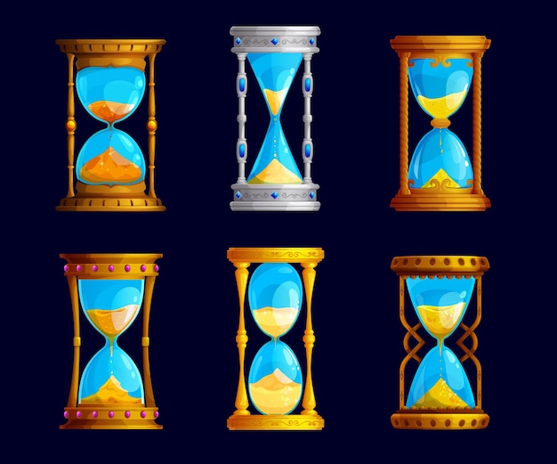 Vector reloj de cristal de arena mágico reloj de arena aislado reloj de arena vector de dibujos animados relojes de oro vintage activo de juego equipo antiguo para medir el tiempo cronómetro contando minutos fantasía u objetos históricos