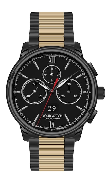 Vector reloj cronógrafo realista reloj de acero negro oro número blanco flecha roja fondo vector de lujo