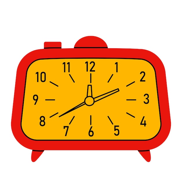 Reloj de despertador analógico retro con un marco rojo y amarillo de forma rectangular redondeada clásica con bla en negrita