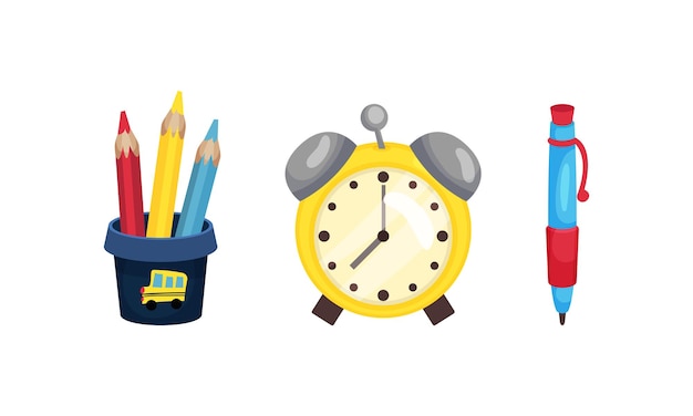 Reloj de despertador y bolígrafo como símbolo de regreso a la escuela y conjunto vectorial de objetos de papelería