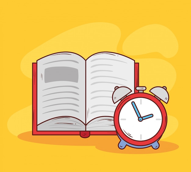 Reloj despertador de color rojo con diseño de ilustración de vector abierto de libro