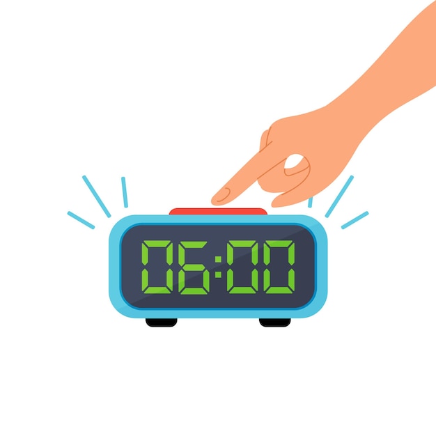 Reloj despertador electrónico con la mano en estilo de dibujos animados aislado sobre un fondo blanco.
