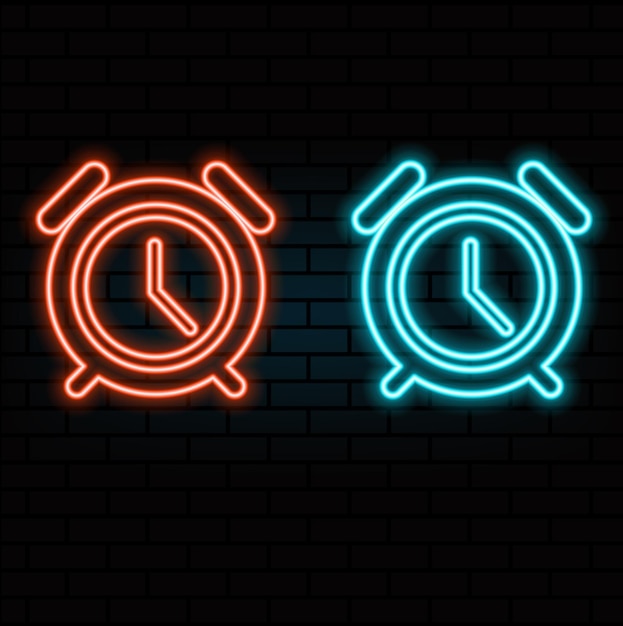 Reloj de despertador con luces de neón azul futurista brillantes en fondo negro signo y símbolo de icono 3D estilo minimalista de dibujos animados ilustración de renderización 3D color azul