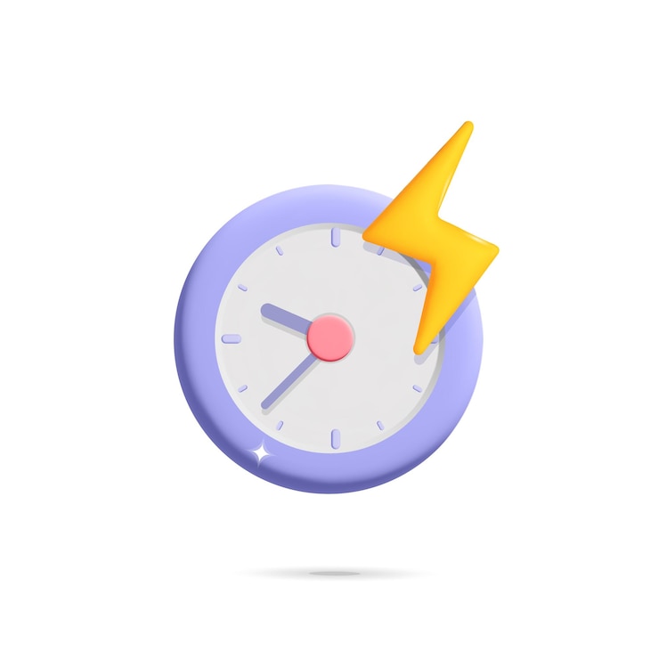 Vector reloj de despertador púrpura redondo vectorial 3d con icono de horas y diseño de símbolo de rayo de relámpago amarillo