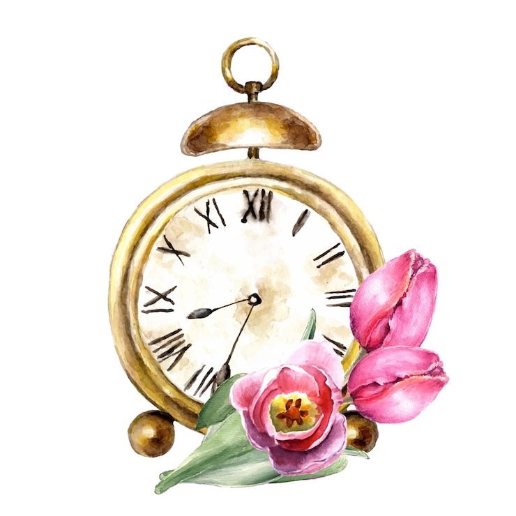 Vector reloj de despertador con un ramo de tulipanes ilustración en acuarela para el día de san valentín