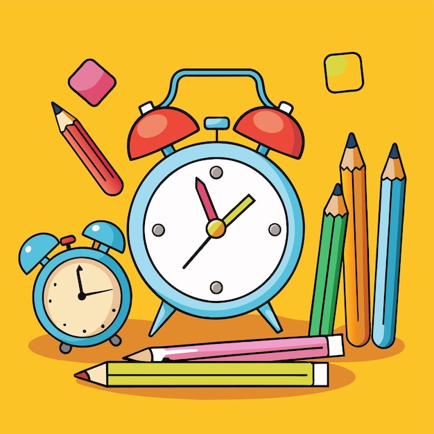 un reloj con un despertador rojo y lápices y lápizes