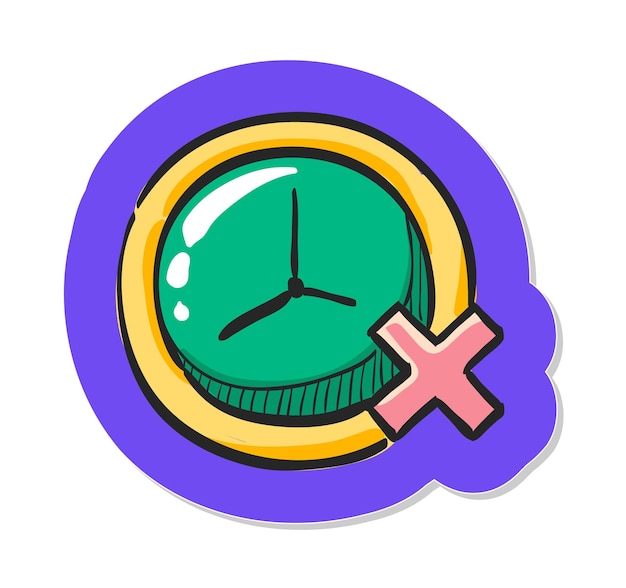 Reloj dibujado a mano con icono de signo de cruz en la ilustración de vector de estilo de etiqueta