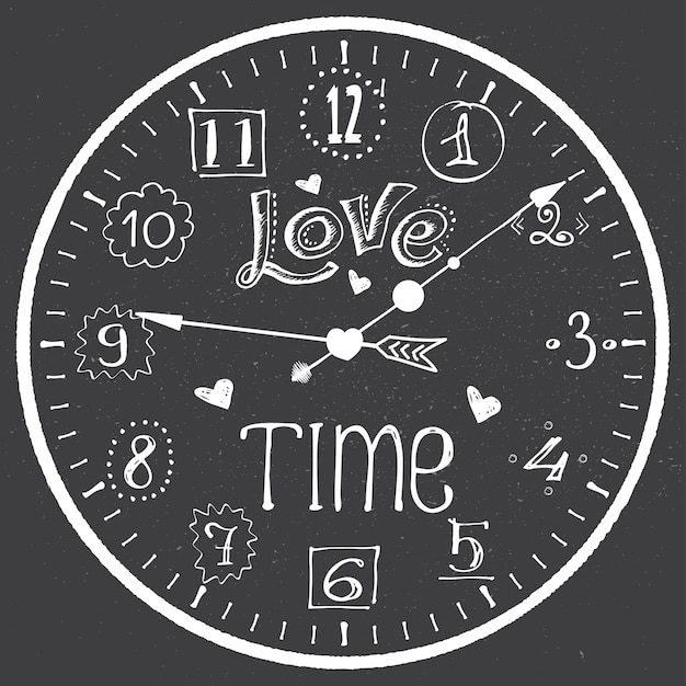 Reloj dibujado a mano con letras de amor y corazones