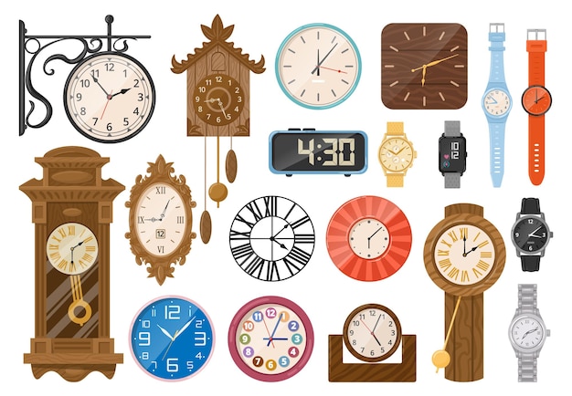 Reloj de dibujos animados Relojes de pulsera reloj electrónico relojes mecánicos vintage relojes digitales y cronómetros interiores de cuarzo conjunto de ilustración de vector plano Dispositivos de medición de tiempo