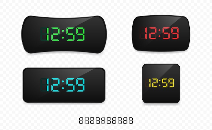 Vector reloj digital con números brillantes relojes electrónicos negros realistas con números con led