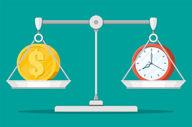 Reloj y dinero en balanza. Ingresos anuales, inversión financiera, ahorro, depósito bancario, ingresos futuros, beneficio monetario. El tiempo es concepto de dinero. Ilustración de vector de estilo plano