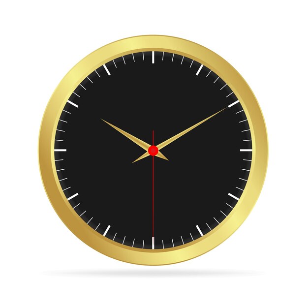 Vector reloj dorado con esfera negra.