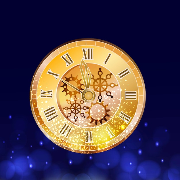 Reloj dorado con esfera romana. chispas doradas, estrellas. año nuevo, navidad.