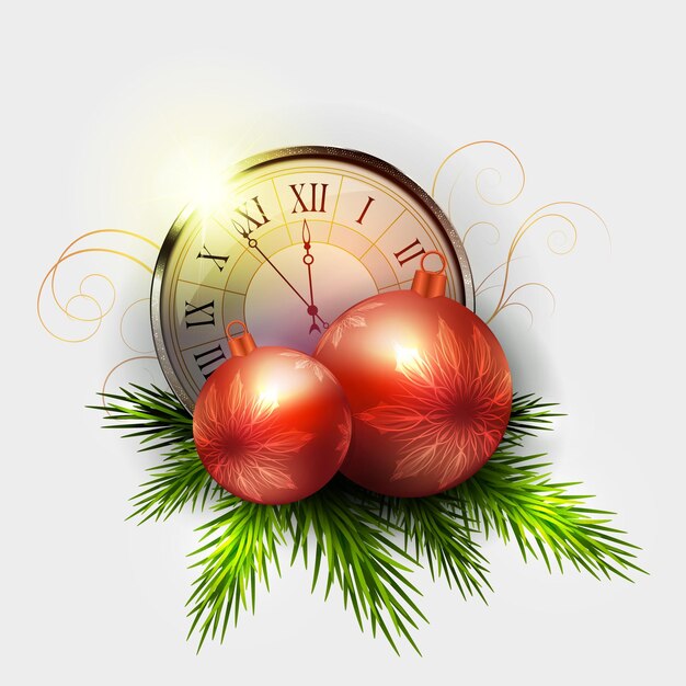 Reloj de elemento de diseño aislado de navidad con bolas guirnalda de árbol de navidad