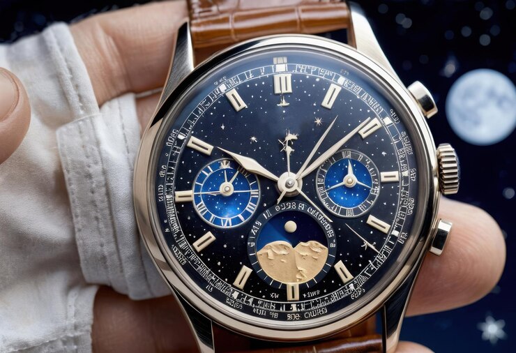 Vector un reloj con esfera azul y correa dorada