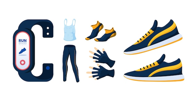 Vector reloj inteligente corriendo sujetador deportivo legging azul calcetines azules y amarillos guantes deportivos azules zapatillas azules moda de hombre productos deportivos de moda colección de productos de salud y fitness conceptos vectoriales isométricos