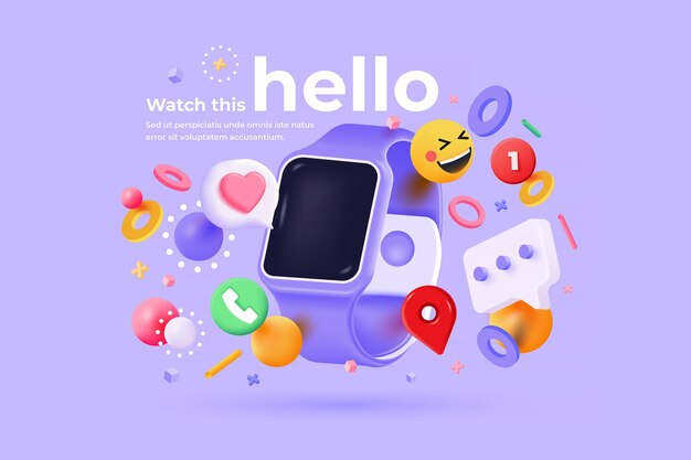 El reloj inteligente está rodeado por una burbuja de corazón, un alfiler rojo, un icono de llamada telefónica, un emoji, una caja de chat y elementos geométricos en un fondo púrpura, una ilustración vectorial en 3D.