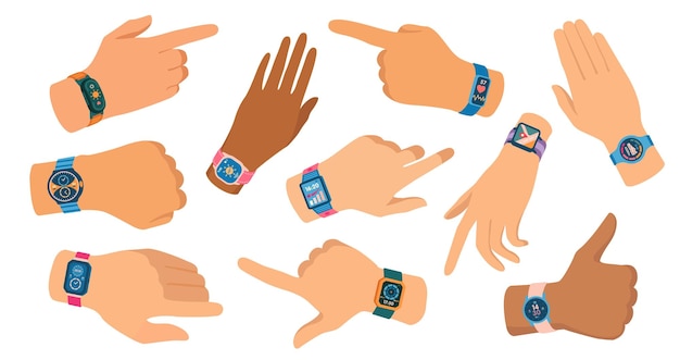 reloj inteligente en las manos reloj inteligente moderno en la muñeca del hombre concepto de tecnología portátil persona que usa reloj inteligente con interfaz de aplicación ilustración vectorial