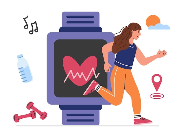 El reloj inteligente monitorea el ritmo cardíaco de una mujer joven durante el ejercicio. Ilustración vectorial