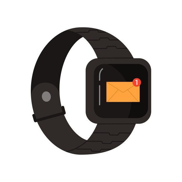 Reloj inteligente negro con sobre e icono de notificación desde la aplicación móvil de buzón