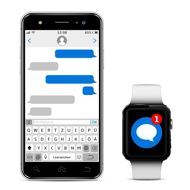 Reloj inteligente y teléfono móvil con teclado alfabético alemán
