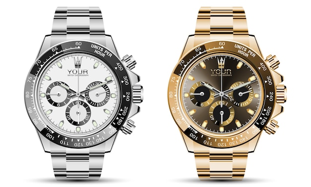 Reloj de lujo realista reloj cronógrafo colección de oro plata sobre fondo blanco vector